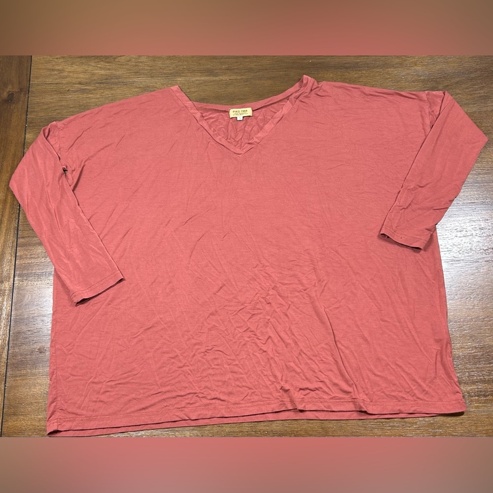 Piko 1988 Size S Oversized Rust Orange V-Neck Drop Shoulder Bamboo Spandex Shirt